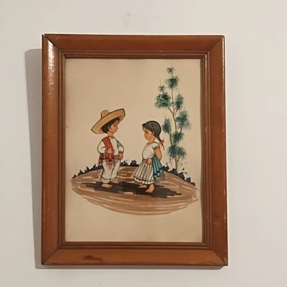 Vintage Mexican Folk Boy Girl Kids Print Framed Picture